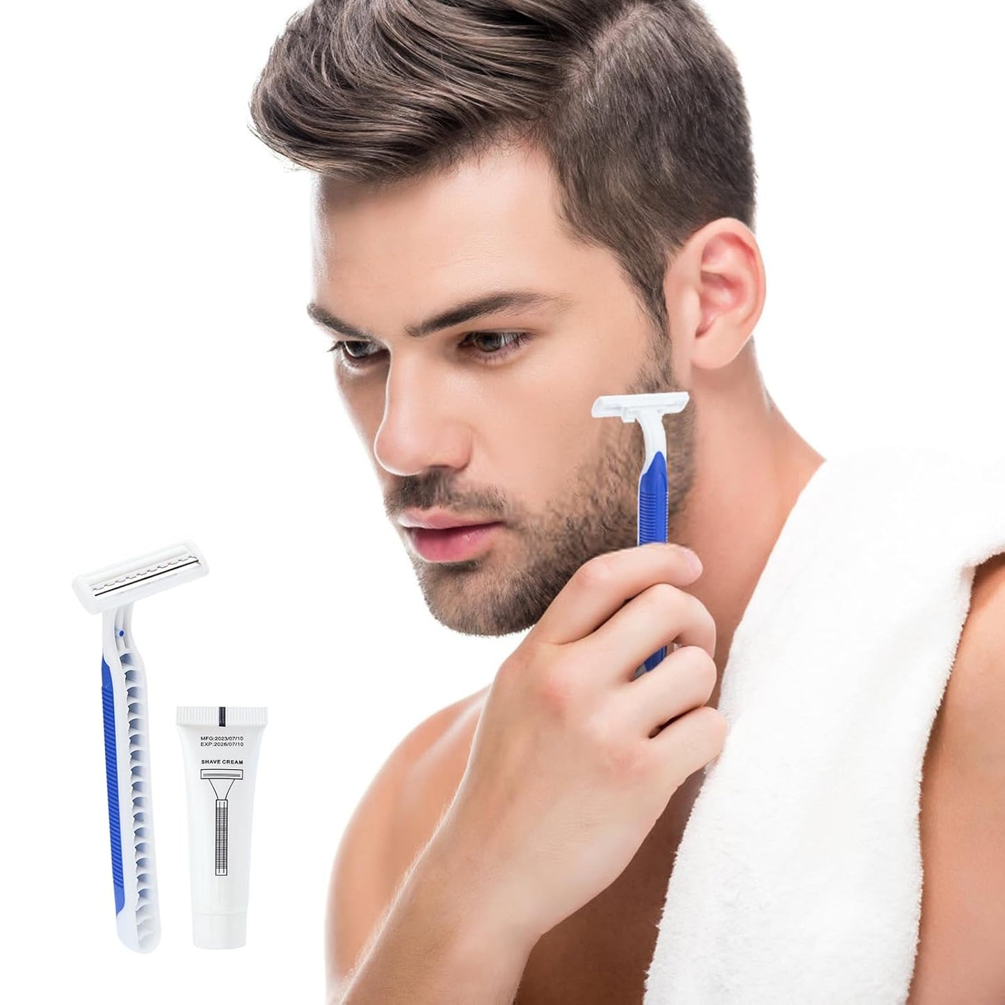 Disposable Razors - Bulk Pack of 60 Individual Wrapped Twin Blade Shaving Razors | Includes 10g Shaving Cream