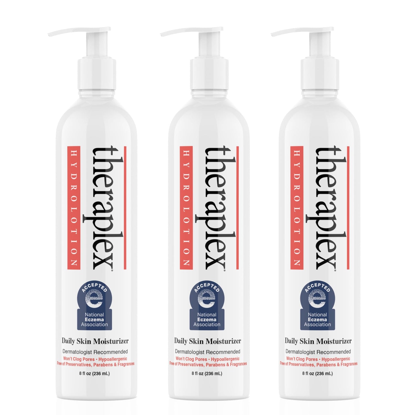 THERAPLEX Hydrolotion - Daily Skin and Body Moisturizer, No Parabens Or Preservatives, Noncomedogenic, and Hypoallergenic, Fragrance-Free, Dermatologist Recommended 3 Pack
