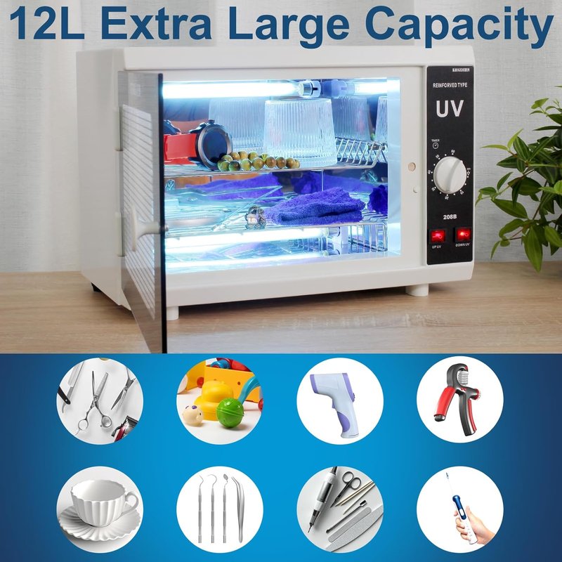 12L Extra-Large UV Light Nail Tool Cleaning Machine - Dual UVC Lamps with Timer for Salon & Spa