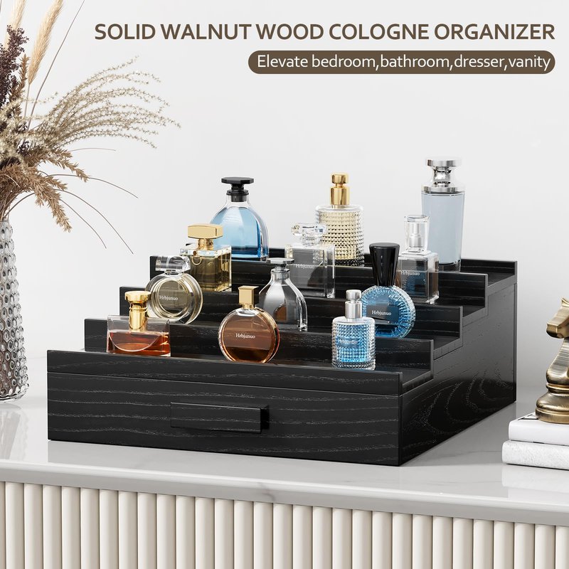 Hrbjunuo Solid Walnut Cologne Organizer for Men, 4 Tier Cologne Stand, Wooden Cologne Holder Display Shelf with Drawer Storage and Hidden Compartment, Black Perfume Stand Organizer, Gifts for Men