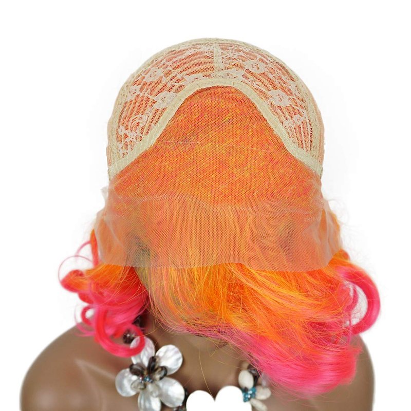 Wiginway Orange Pink Synthetic Lace Front Wig With Side Parting 14 Inch Drag Queen Wavy Wig Ombre Short Bob Wigs For Black Women