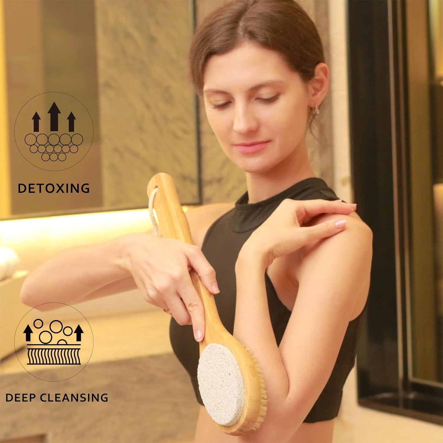 ICANdOIT 2-in-1 Long Handle Bath & Shower Brush - Boar Bristle with Pumice Stone for Exfoliating & Softening Skin | Ideal for Cellulite & Lymphatic Drainage