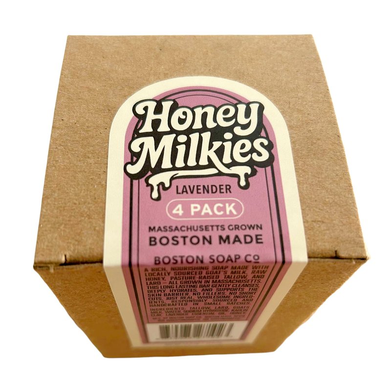 Goat Milk Soap with Tallow – Honey Milkies Lavender 4-Pack (3.3oz Bars) – Cold Process, Handmade in Boston – Natural Face & Body Soap with Grass Fed Tallow, Lard, Raw Honey & Goat Milk