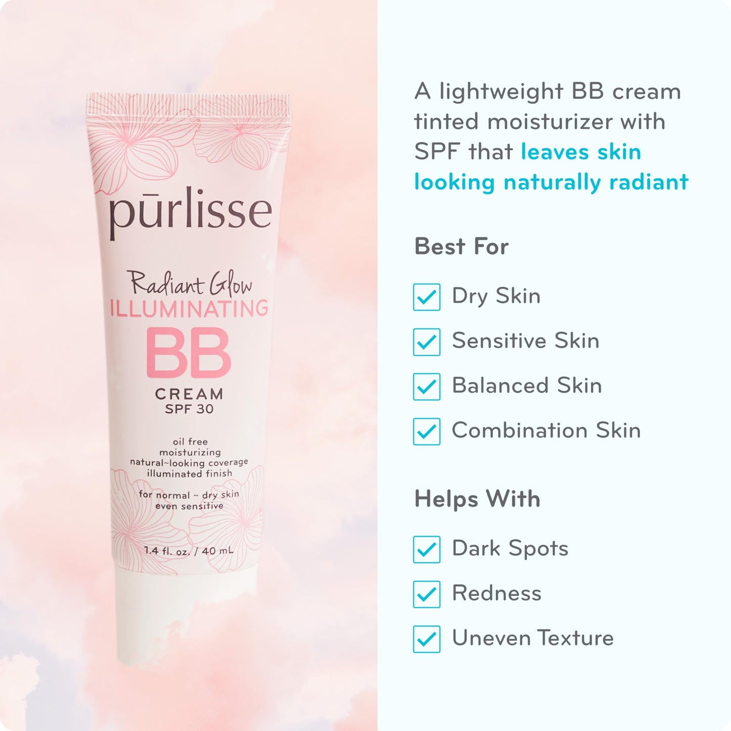 pūrlisse Radiant Glow Illuminating BB Cream with SPF 30 - Glow BB Cream Enriched with Goji & Hawthorn Berry for Dewy Skin - Helps to Improve Skin Texture & Radiance - Light Medium (1.4 oz)