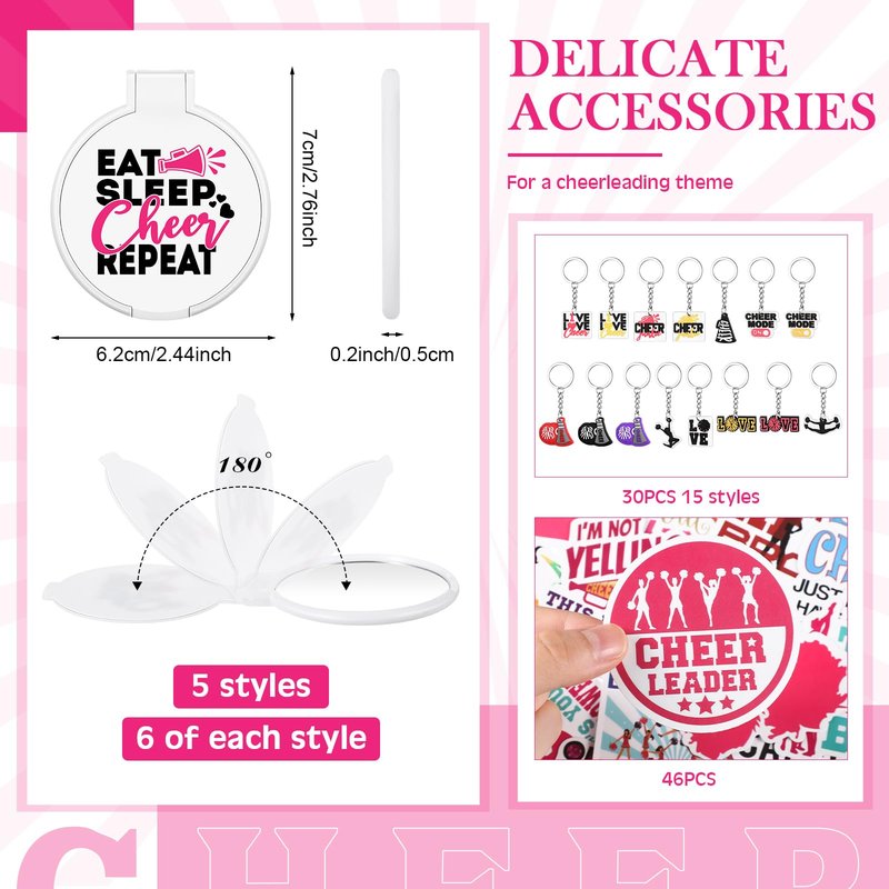 Huquary 121 Pcs Cheerleader Gifts Kit 30 Zipper Portable Cheer Makeup Bag 30 Keychain Wristband Mirror 1 Bag Waterproof Cheer Stickers for Women Girls Cheerleader Teammates