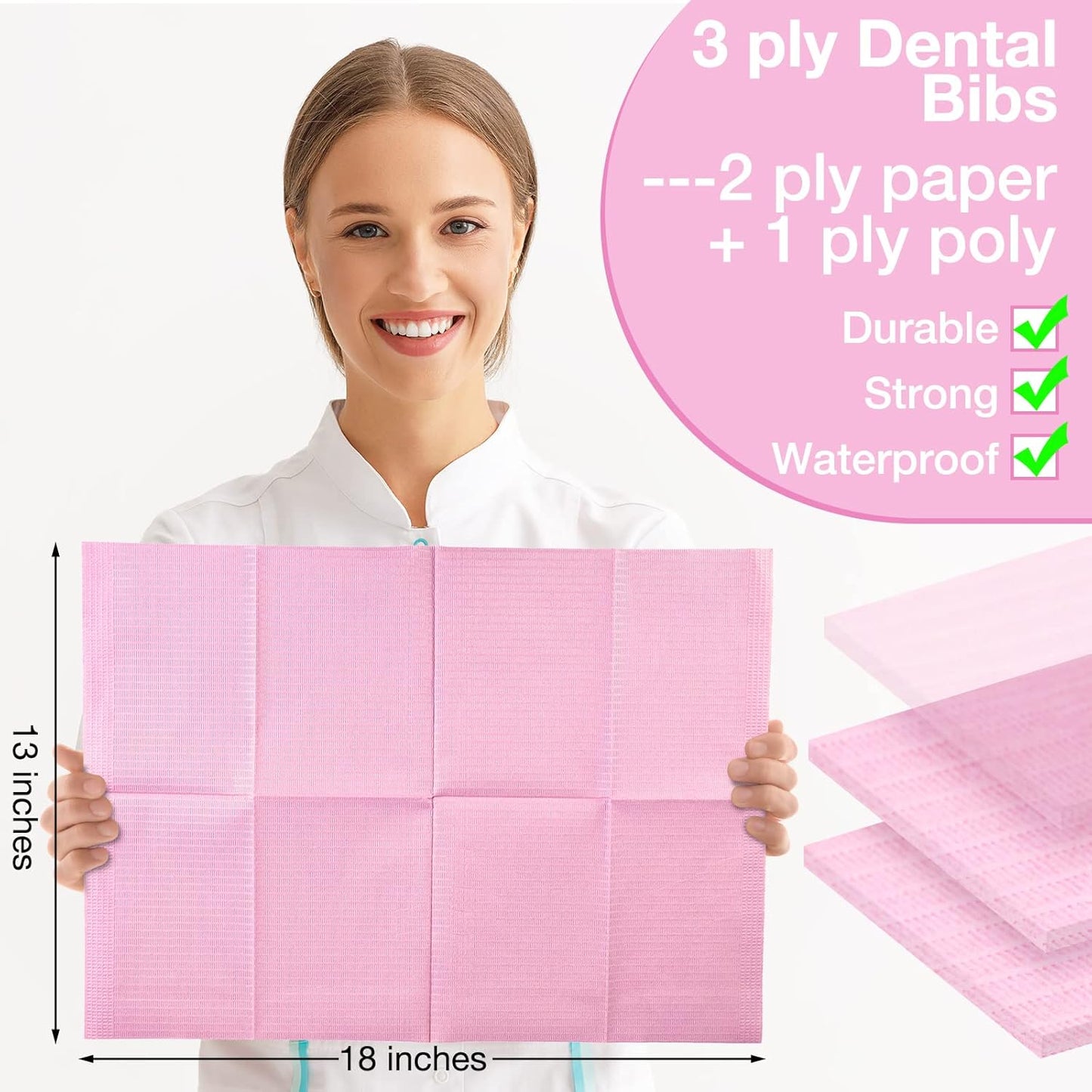 Disposable Nail Table Towels - 250 Pcs 3 Ply Waterproof Mat | 13'' x 18'' Pink Patient Bibs