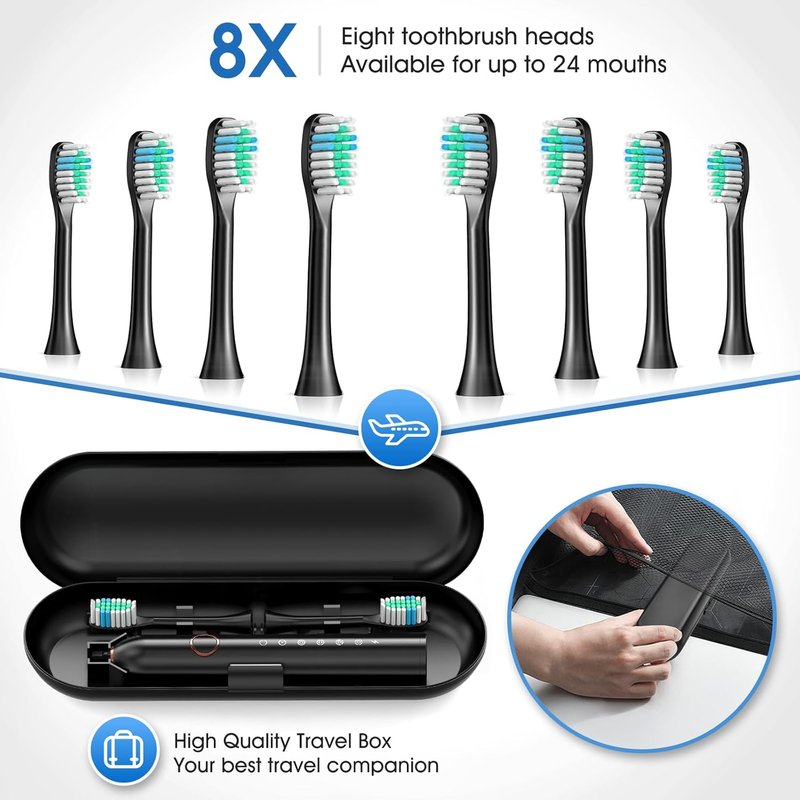 Sonic Electric Toothbrush for Adults & Teens - 8 Brush Heads, IPX7 Waterproof, 6 Modes | Black