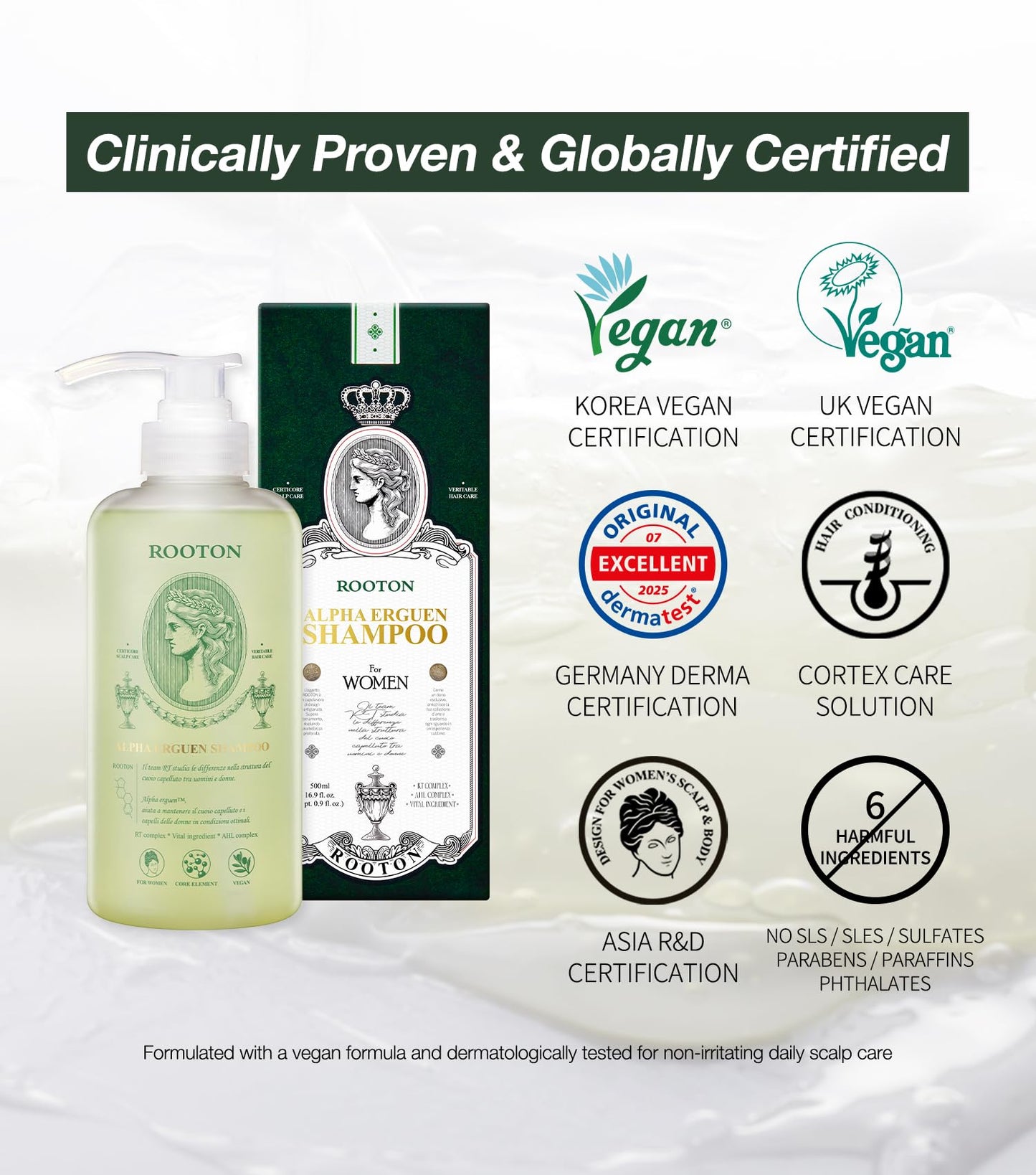 ROOTON Alpha Erguen Hair Loss Shampoo for Women, Vegan Scalp Care Shampoo for Thinning Hair, Weak Hair & Hair Shedding, Pregnancy Safe Formula & Postpartum Hair Care, 500ml / 16.9 fl oz