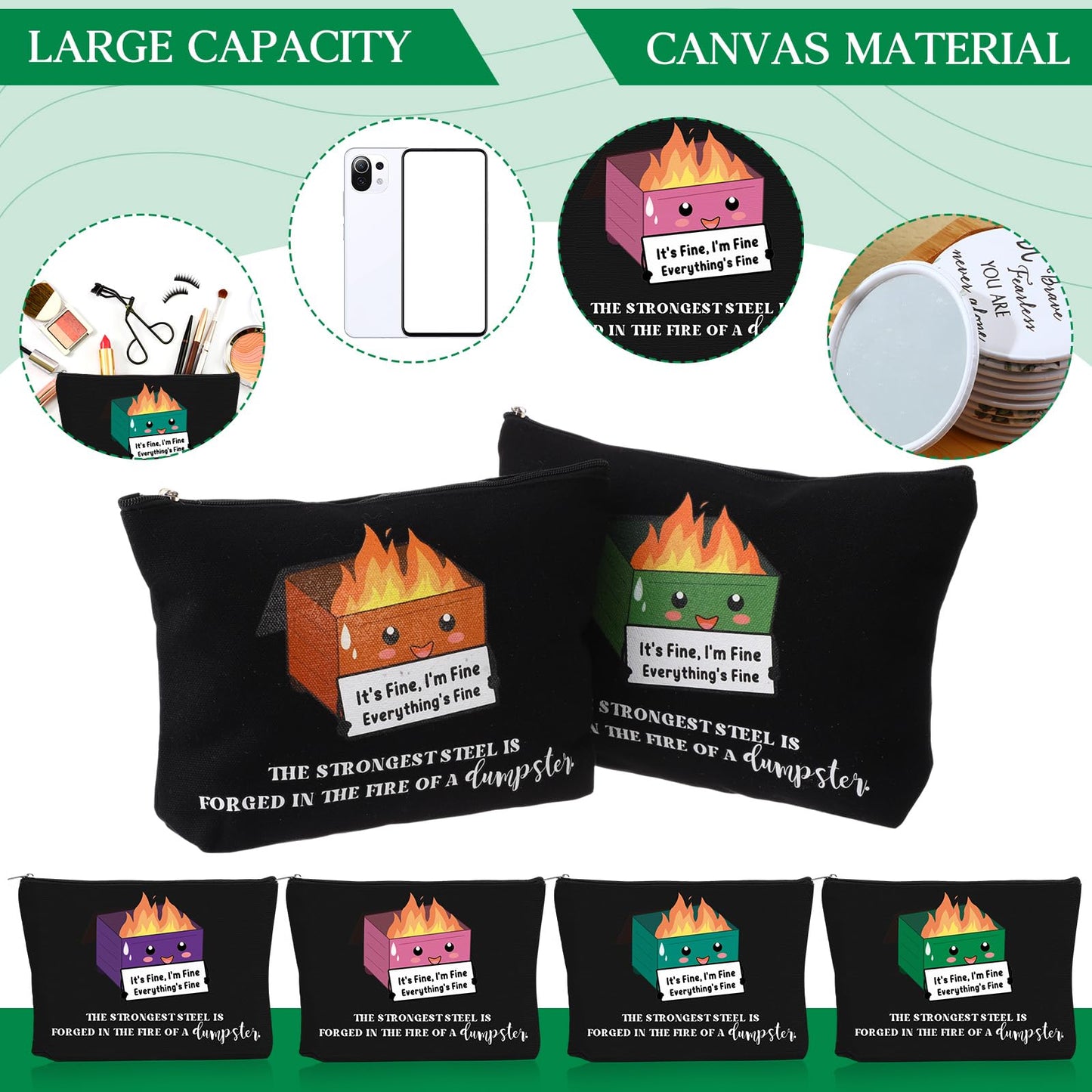 Reginary 12 Pcs Dumpster Fire Makeup Bags Bulk Funny Gifts Employee Inspirational Cosmetic Bag Gifts for Graduation Teacher Coworker Staff