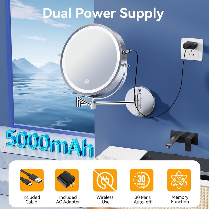 5000mAh Rechargeable Wall Mounted Lighted Makeup Mirror, 9'' 30X/1X Double-Sided Magnifying Mirror with Light, Bathroom Mirror Touch Dimmable 3 Colors 360° Rotation Extended Arm, Power Adapter