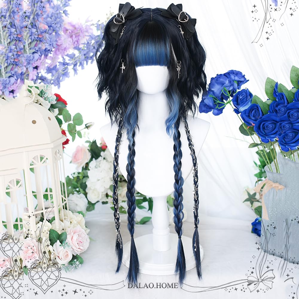 TEDPRBGE Women Curly Wig Jellyfish Head Wig Hime Cut Wigs Braids Sweet Lolita Princess Wigs for Daily Party (Black Blue)