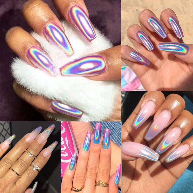GA&EN Nail Glitter 2 Jars Holographic Nail Powder Fine Rainbow Holo Mermaid Unicorn Mirror Laser Effect Multi Chrome Manicure Pigment Glitter Dust + 6PCS Sponge Tools for Salon Home Nail Art DIY Decor