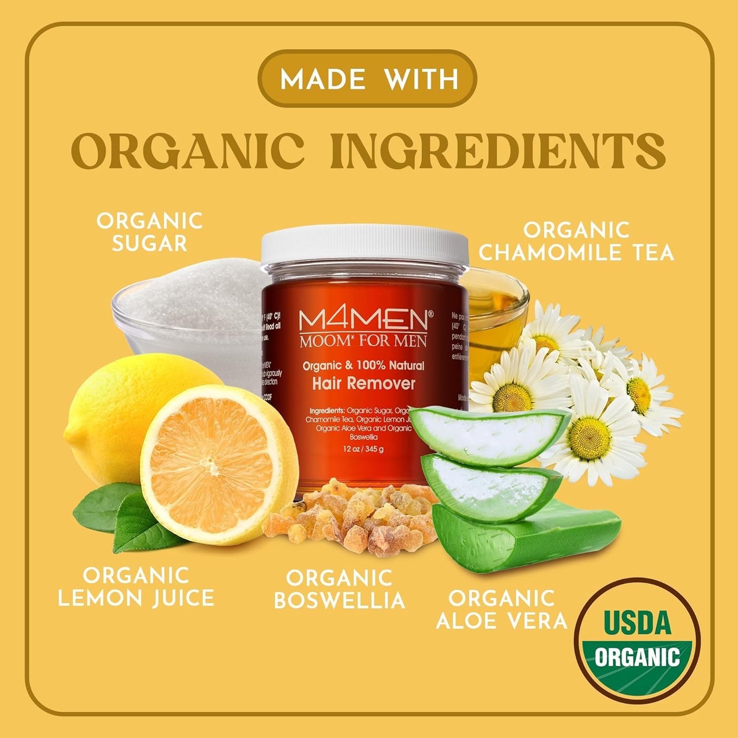 MOOM USDA Organic Sugar Wax Hair Removal for Men, 12 oz Wax Jar, Sugaring Hair Wax with Aloe Vera & Chamomile - Body, Leg, Chest & Face wax - Soft Wax for Sensitive Skin (Strips & Sticks Not Included)