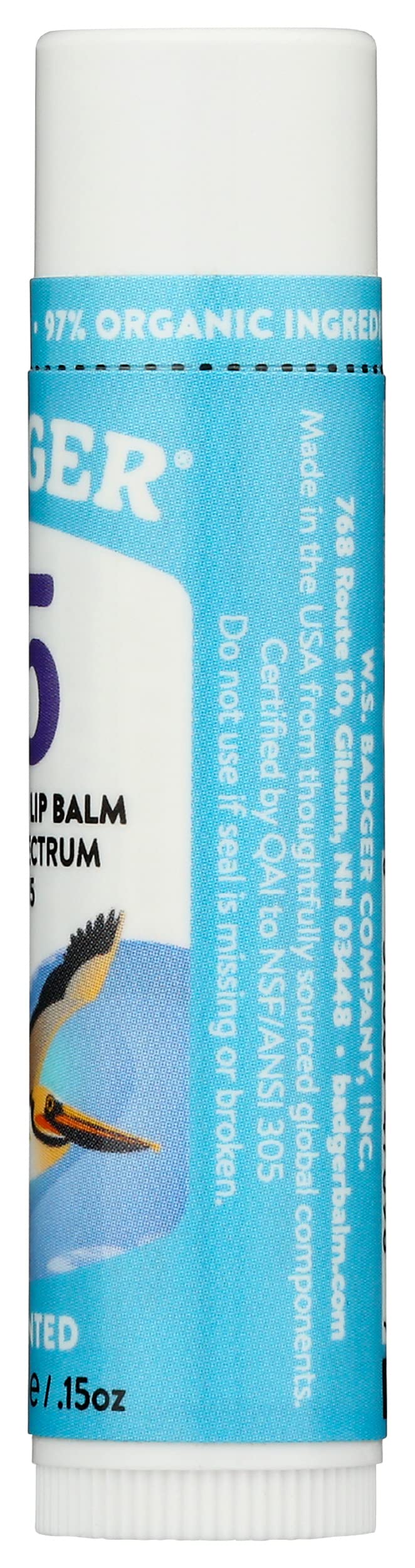 Badger Sunscreen Lip Balm SPF 15, Organic Mineral Sunscreen SPF Lip Balm with Zinc Oxide, Reef Friendly, Broad Spectrum, Water Resistant, Unscented, .15 oz