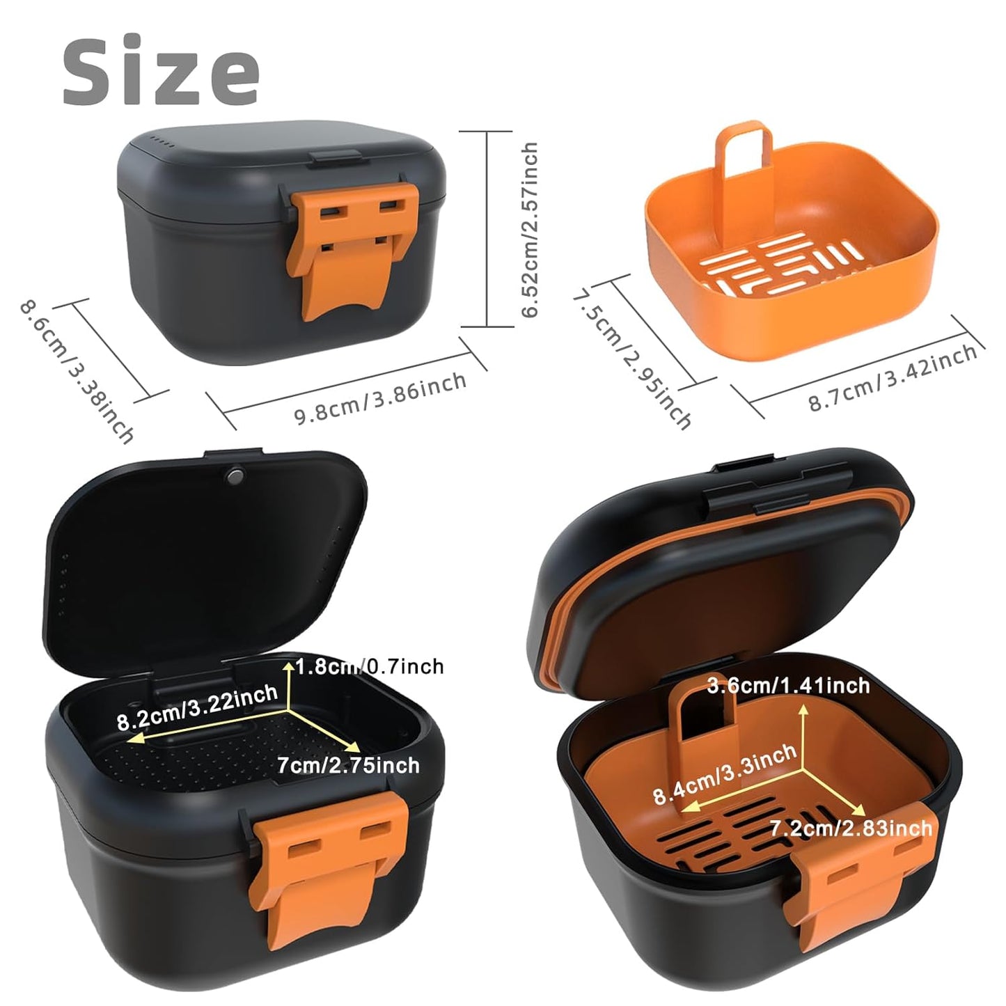 Leak Proof Denture Bath Cup - Portable Soaking Case with Strainer | Upgraded Storage Compartment (Black & Orange)
