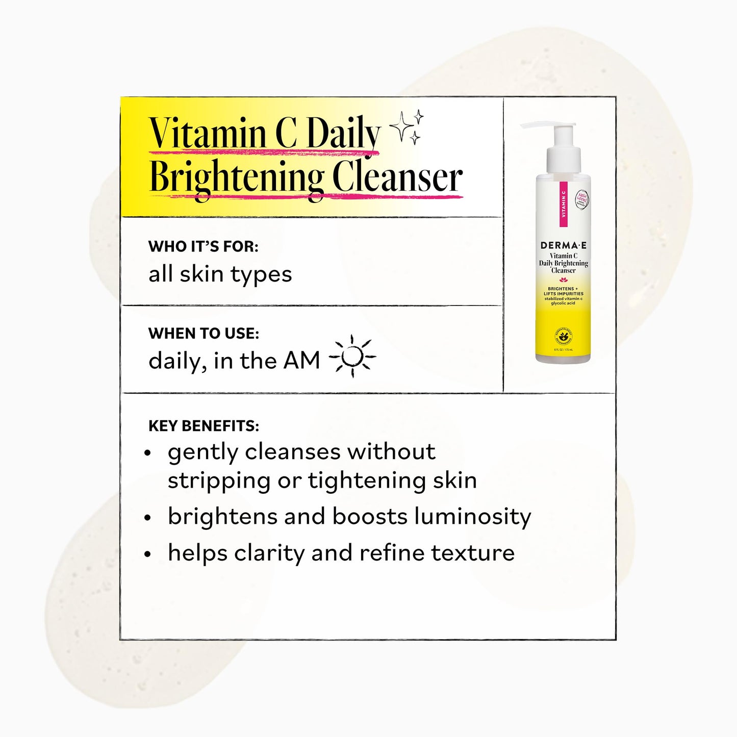 Derma E Vitamin C Daily Brightening Cleanser, 6 Fl Oz, Hydrating Cleanser to Help Even Skin Tone, Moisturizing Face Wash for a Radiant Glow