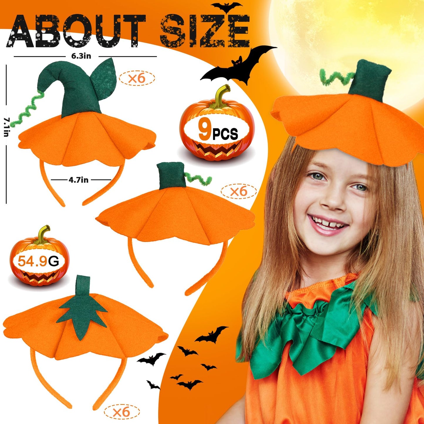 Wavyknot 18 Pcs Halloween Pumpkin Headband Halloween Pumpkin Headwear Headband Top Hat Headpiece Hair Hoop for Costume Accessories