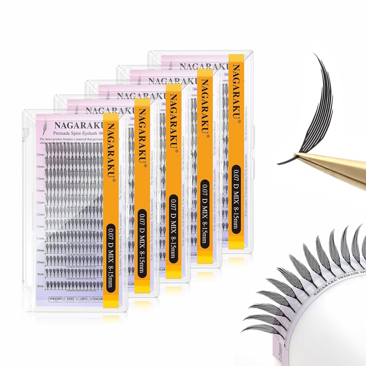 Premade Spire Eyelash Extensions - Feather Shape Manga Lashes | Soft Black, 5 Trays, 8-15mm Mix