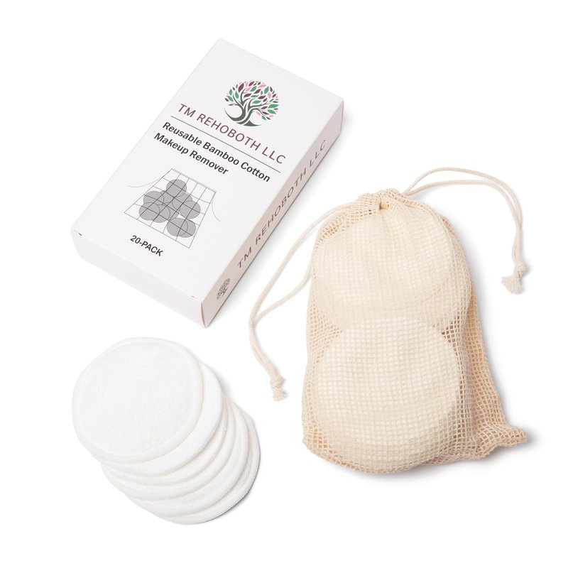 TM REHOBOTH Gentle on Skin Reusable Makeup Remover Pads - Eco-Friendly Organic Bamboo Cotton, 20-Pack with Laundry Bag, Washable, Sustainable, for Women, Skincare Lovers