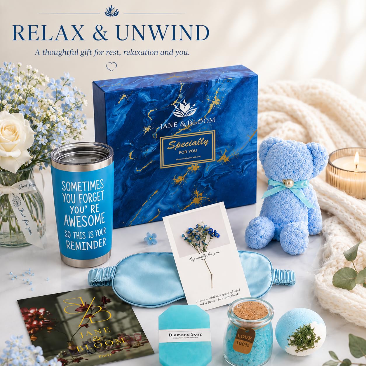 Spa Gift Box for Women - 7-Piece Self-Care Set with Bath Bombs, Diamond Soap & Gold Sleep Mask | Ocean Blue