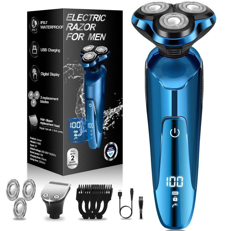 Electric Razor for Men, 3-in-1 Shaver with Floating Blades for Nose Hair &Sideburns,Replacement Blades, Pop-up Trimmer, IPX7 Waterproof, Travel Lock, Wet & Dry Use, Face Shaving Grooming Travel Kit