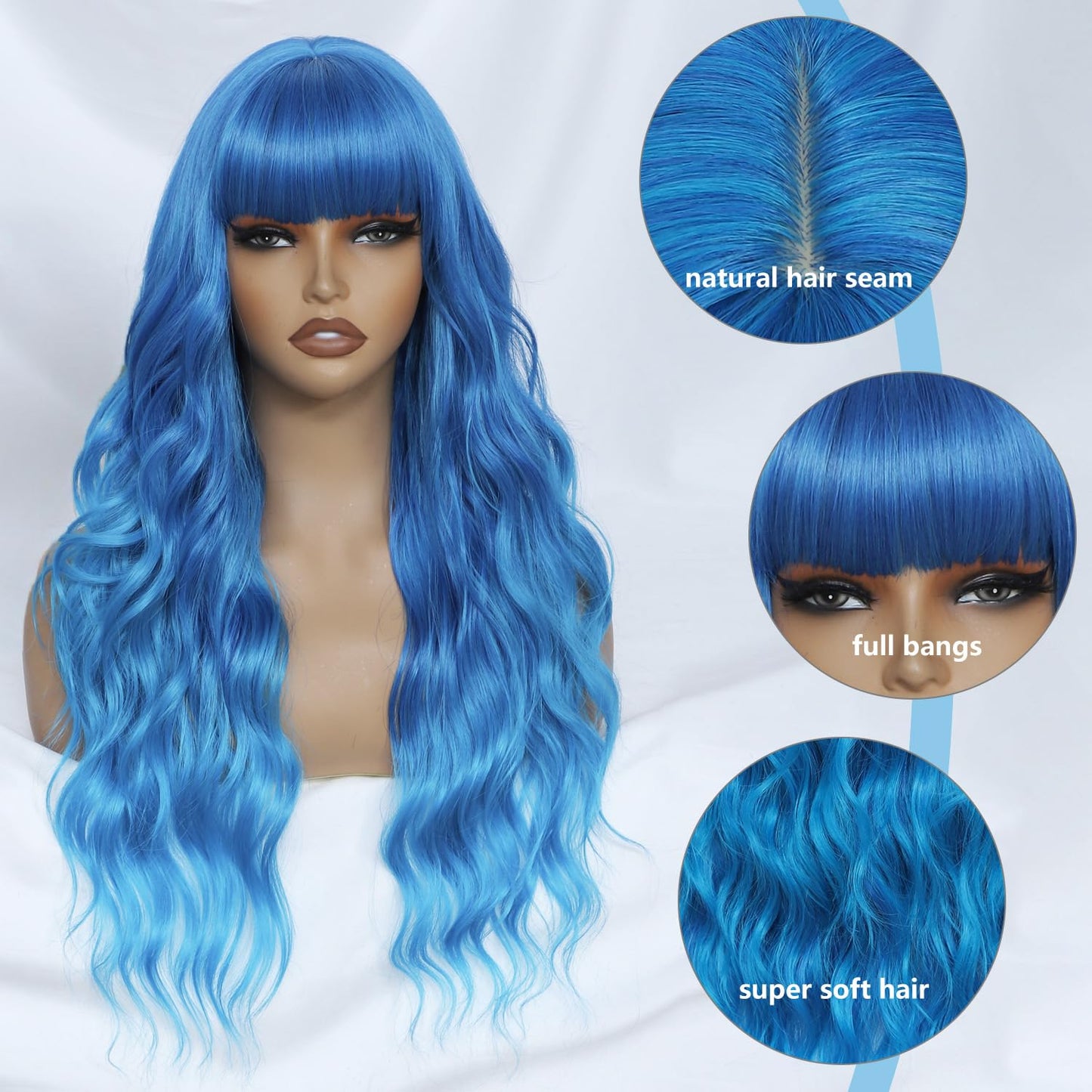 FEIVOSILAN Ombre Blue Wig with Bangs for Women, Long Wavy Blue Wig 26 Inch Wigs Heat Resistant Synthetic Colorful Wig