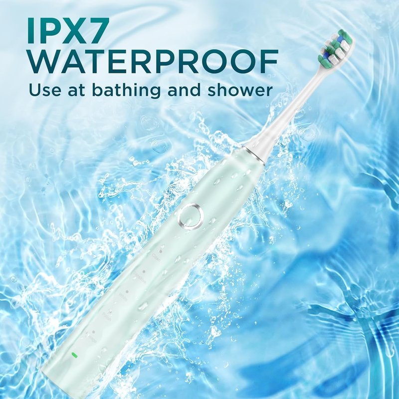 Fronix Electric Toothbrush for Adults with 8 Brush Heads, Sonic Toothbrush Rechargeable with a Holder & Travel Case, 2.5 Hours Charge for 120 Days Use - Light Green