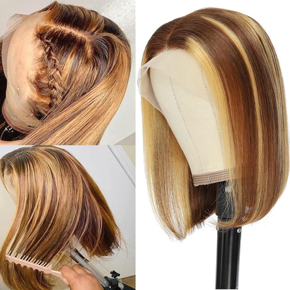 Highlight Bob Wigs - Human Hair Straight 13x4 HD Lace Front Wig | 4/27 Honey Blonde, 8 Inch, 180% Density, Pre-Plucked with Baby Hair