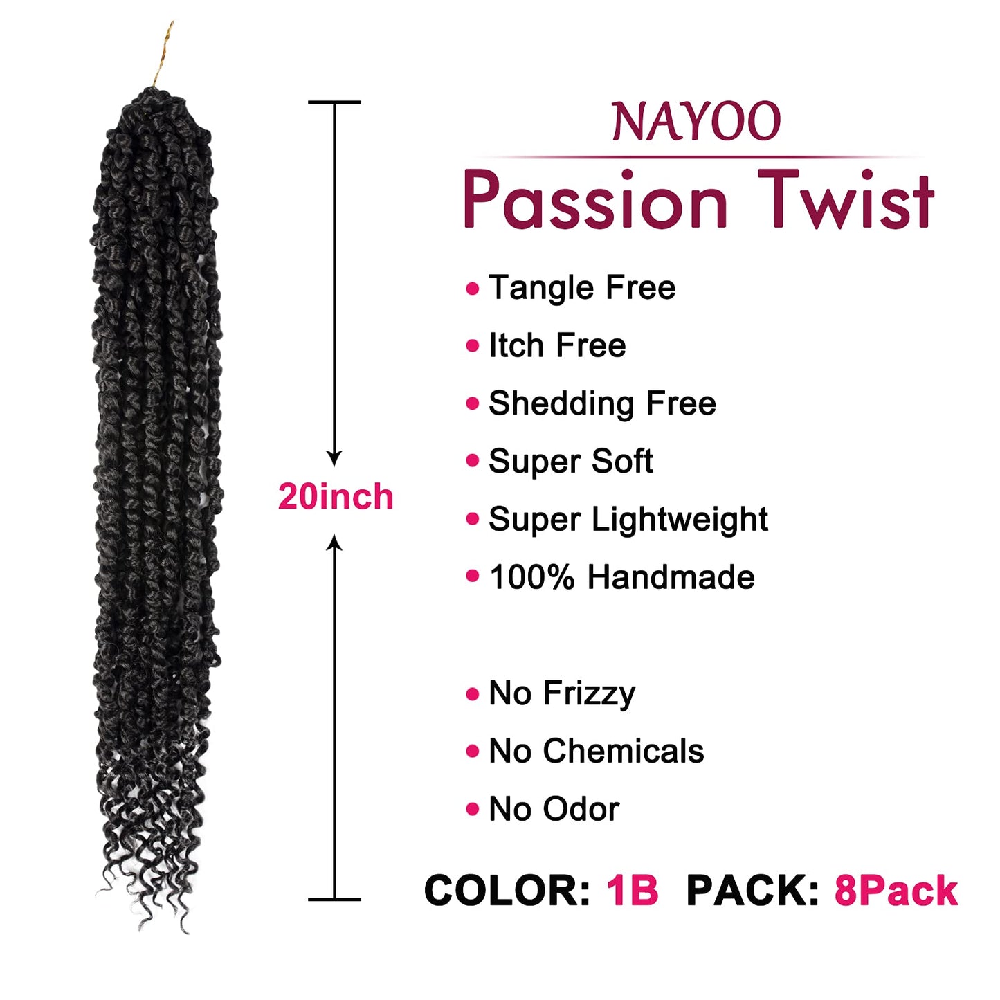 Passion Twist Hair - 8 Packs 20 Inch Passion Twist Crochet Hair For Women, Crochet Pretwisted Curly Hair Passion Twists Synthetic Braiding Hair Extensions (20 Inch 8 Packs, 1B)