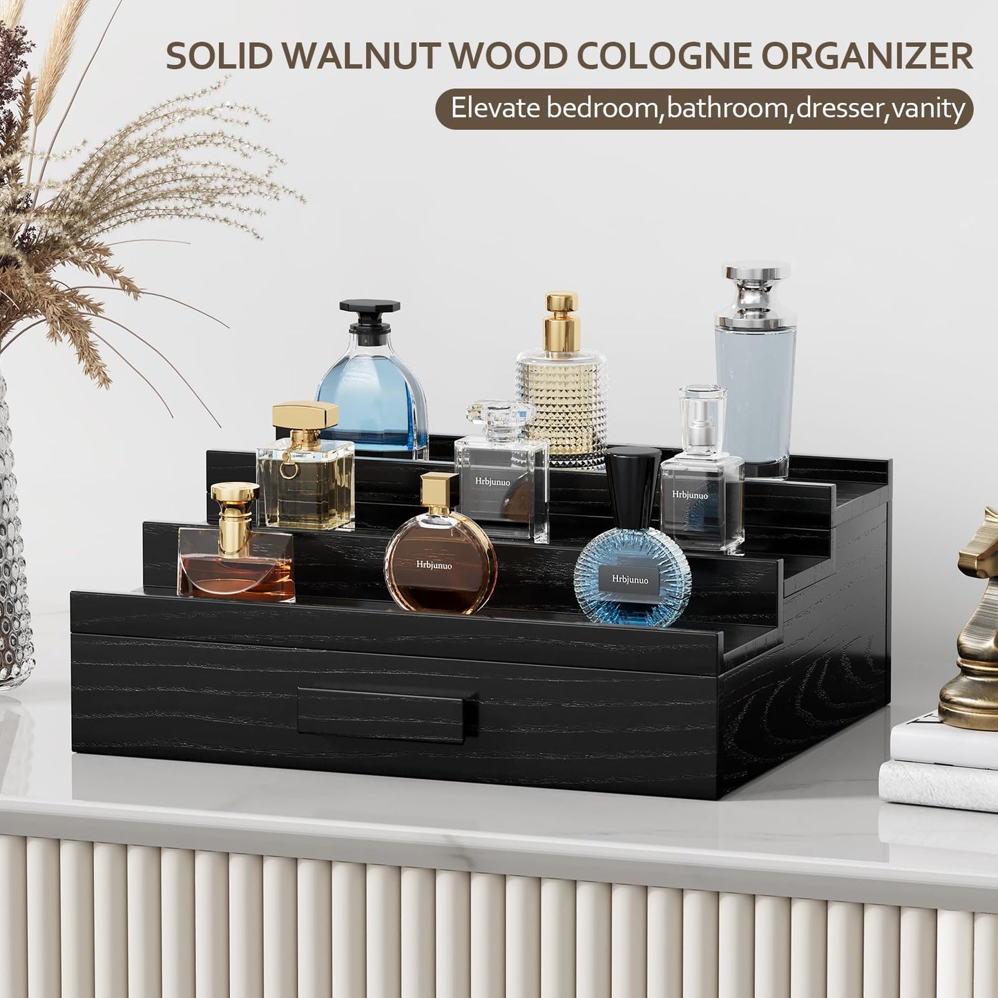 Hrbjunuo Solid Walnut Cologne Organizer for Men,3 Tier Cologne Stand,Wooden Cologne Holder Display Shelf with Drawer Storage and Hidden Compartment,Black Perfume Stand Organizer,Gifts for Men Husband