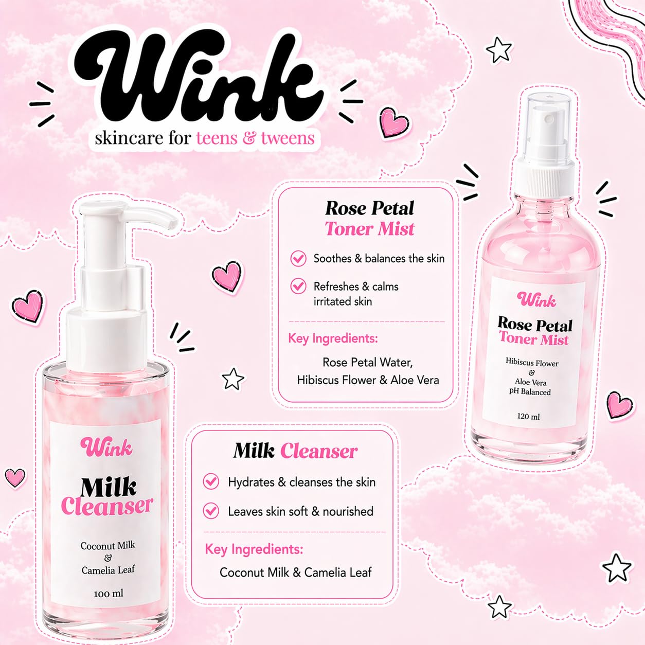 Wink Skin Care Kit for Teens - Plant-Based 4-Piece Facial Set with Cleanser, Toner, Serum & SPF Moisturizer | Ideal for Girls & Tweens