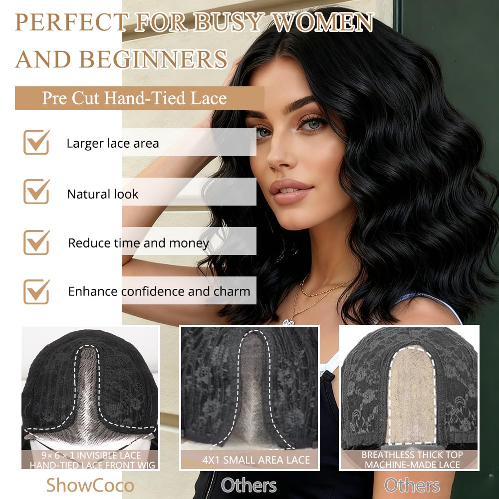 Black Wig for Women Pre Cut Hand-Tied Lace Short Wigs for Women Wavy Natural Hairline Middle Part Hair Replacement Wigs for Beginners 14 Inch Natural Bob Style Synthetic Wig 3 Seconds Wear for Daily
