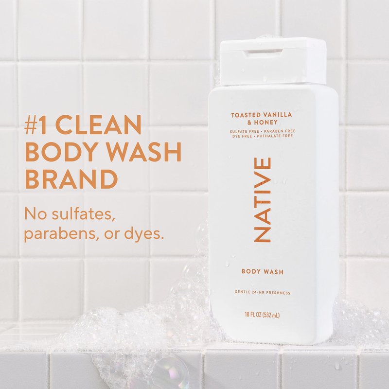Native Body Wash Contains Naturally Derived Ingredients | For Women & Men, Sulfate, Paraben, & Dye Free Leaving Skin Soft and Hydrated | Toasted Vanilla & Honey 18 oz