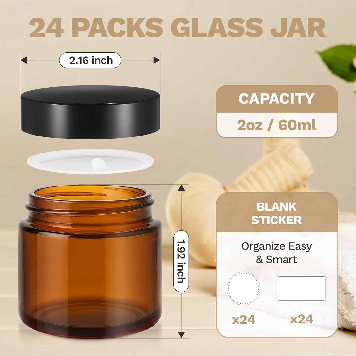 Amber Glass Cosmetic Jars - 2 oz Small Round Containers with Lids | 24 Pack for Lotion, Cream, Salve, and Ointments
