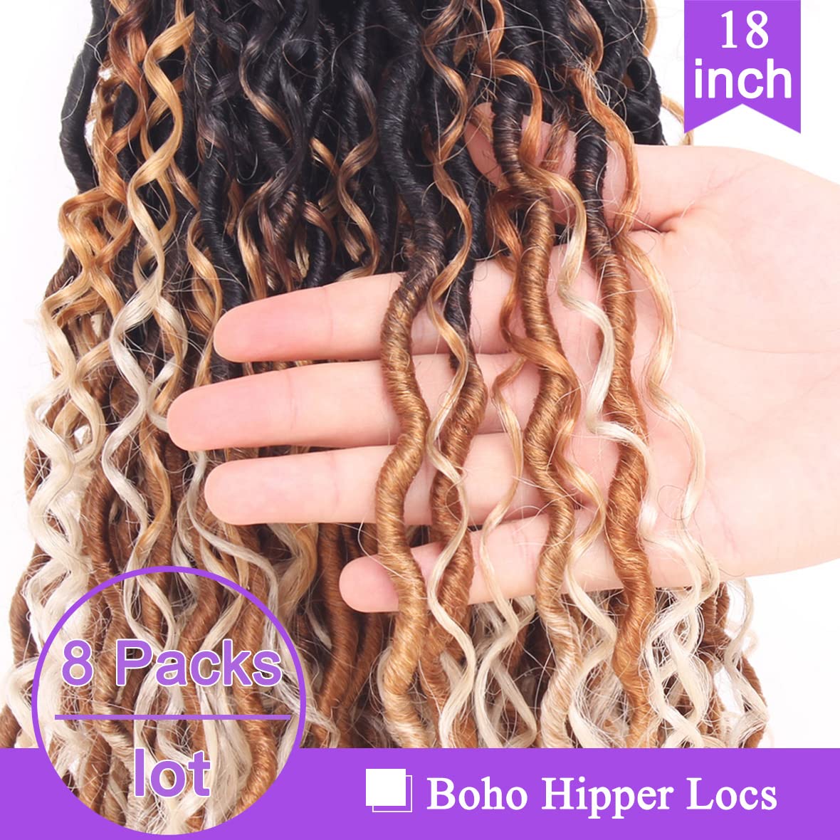 Goddess Locs Crochet Hair - 18 Inch Ombre Boho Faux Locs | 8 Packs, Pre-Looped, Soft Synthetic Braids