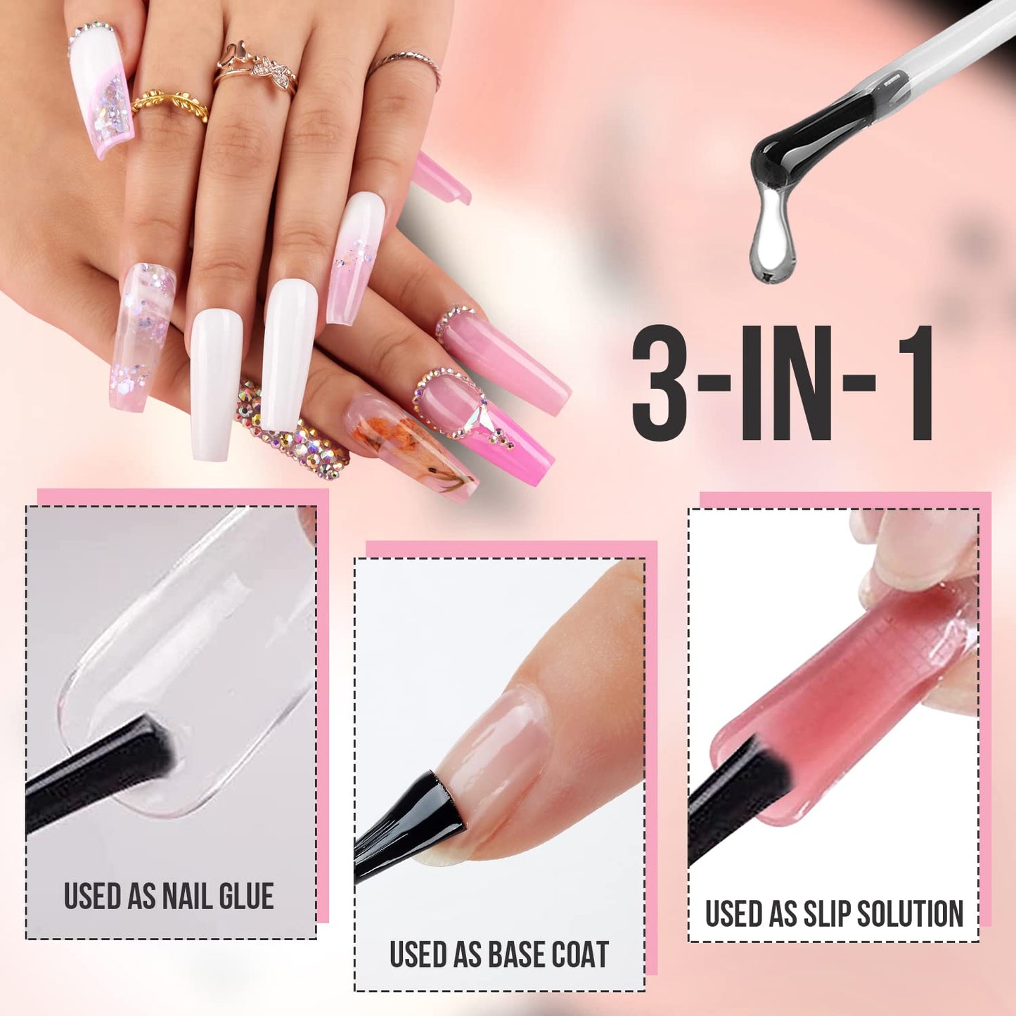 Makartt 504Pcs Soft Gel Full Cover Tips, Almond Stiletto False Nail Tips Bundle 2pcs No Wipe Gel Top Coat and Base Coat 15ml Bundle 3 in 1 Nail Glue Gel for Acrylic Nails UV Gel Curing Needed 1PC 15ml