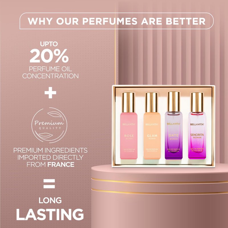 Bella Vita Luxury Women's Perfume Set - Long-Lasting Floral & Sweet Scents | Vegan & Cruelty-Free | 4 x 20 ML + 100 ML