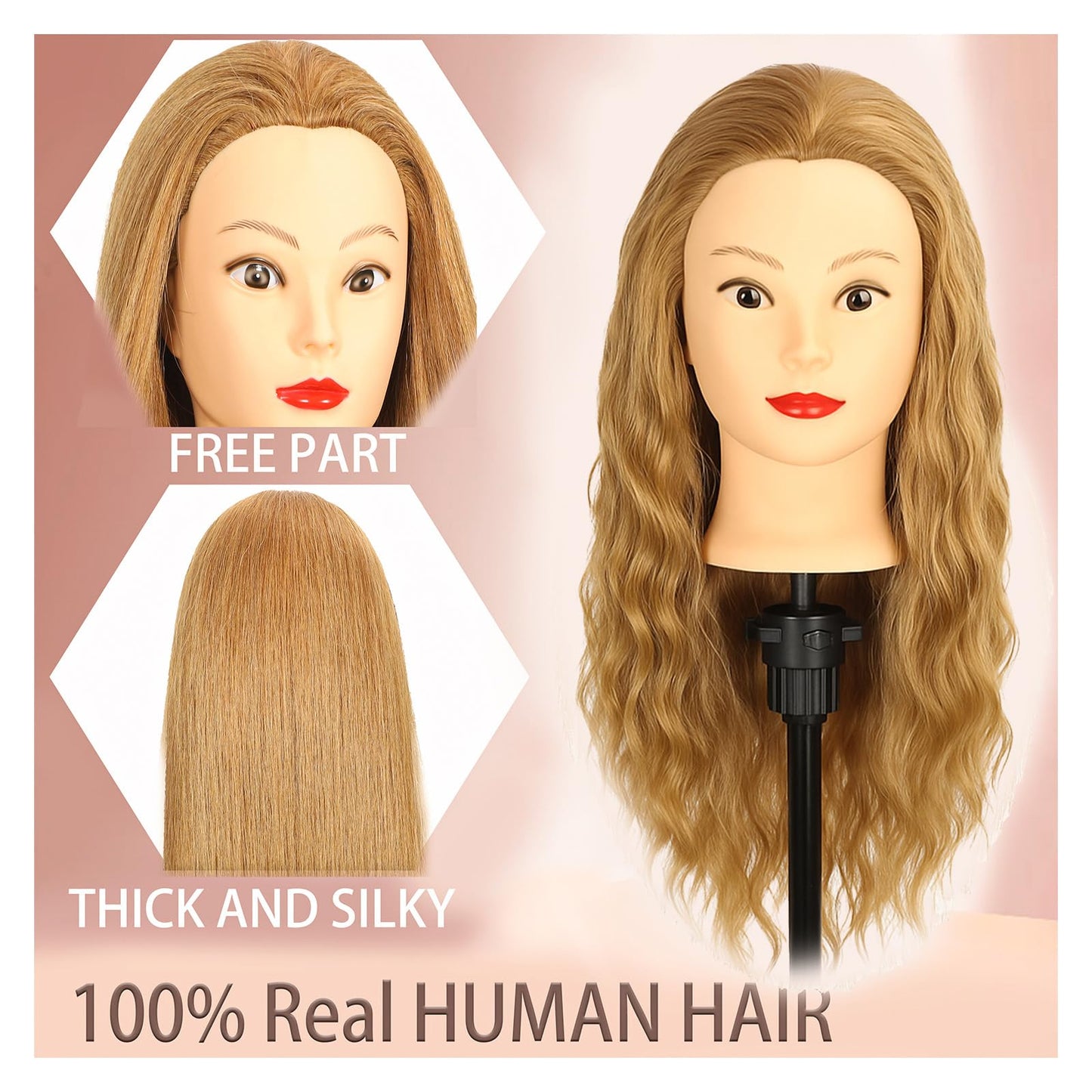 Female Mannequin Head With100% Real Hair Blonde Cosmetology Mannequin Head Hair Styling Hairdressing Practice Training Head Cosmetology Manikin Head Doll Head for Hairdresser with Clamp