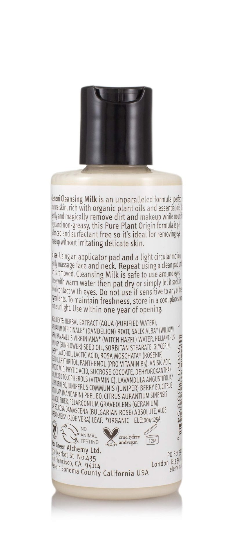elemeni Skin Care Cleansing Milk - Vegan Organic Makeup Remover | pH Balanced Facial Cleanser Removes Dirt & Impurities | Oil Free Eye Makeup Remover & Gentle Cleanser for Sensitive Skin, 4.2 Fl Oz