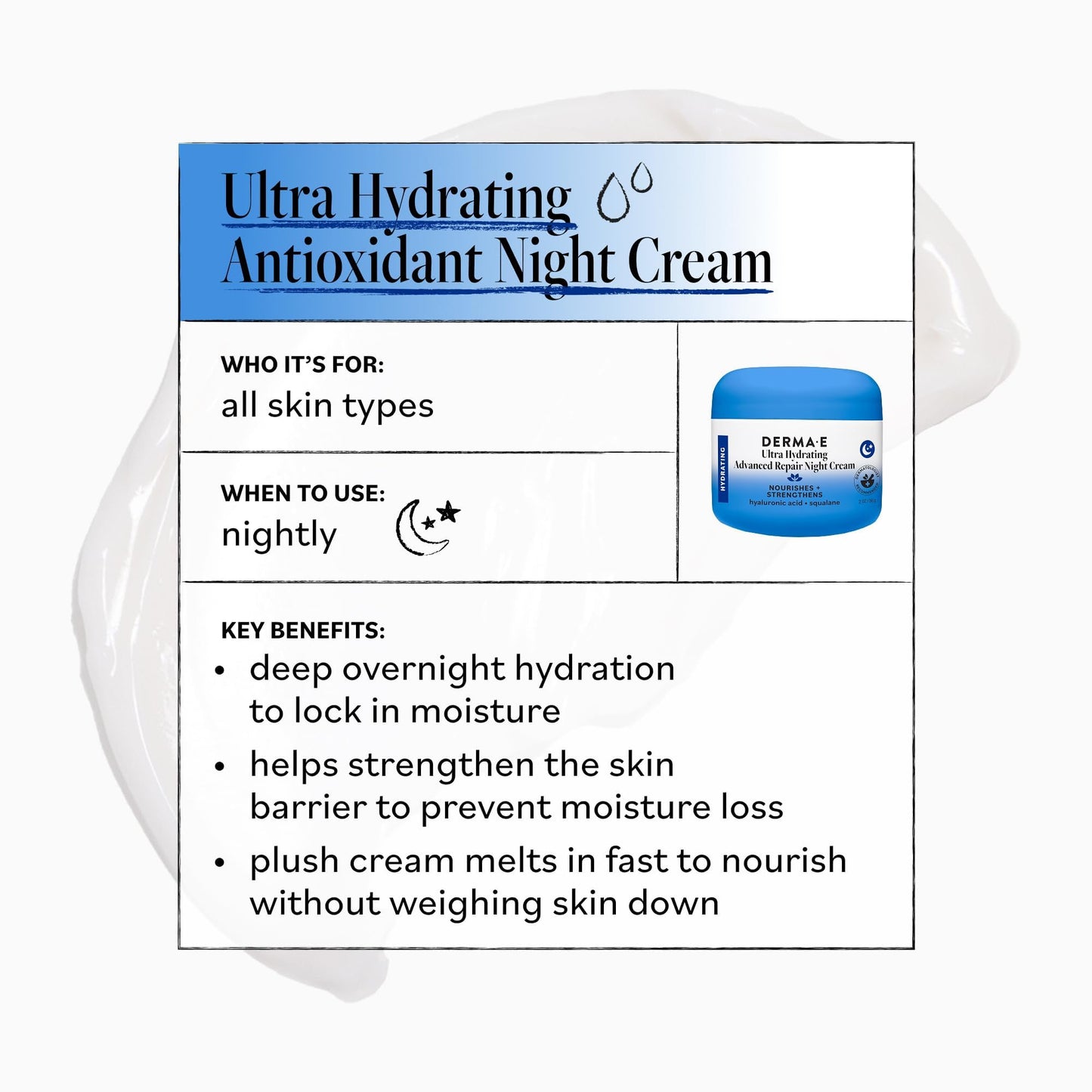 Derma E Ultra Hydrating Night Cream, Advanced Repair Overnight Face Moisturizer with Hyaluronic Acid to Replenish, Smooth and Nourish Skin, 2 oz