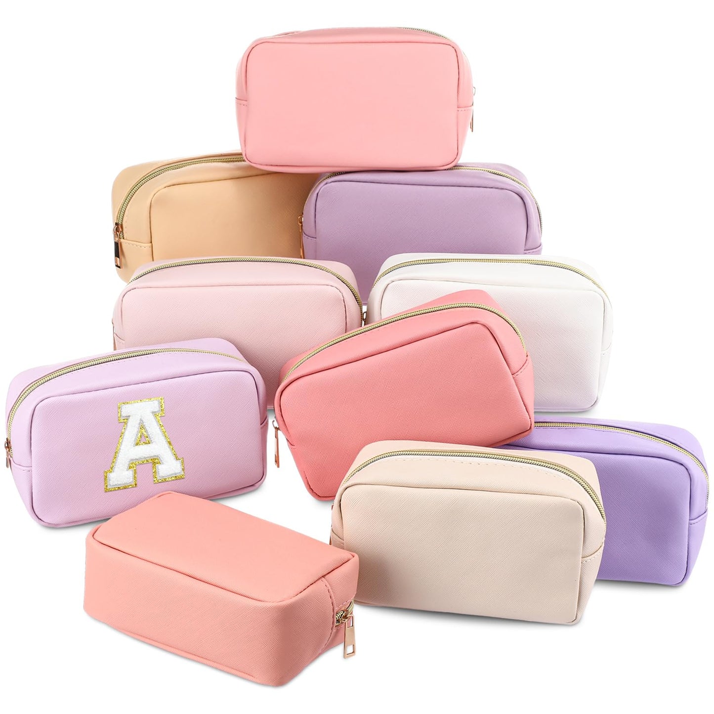 Sweetude 10 Pcs Makeup Bag Bulk for Women Preppy Gift PU Leather Cosmetic Bag Small Skincare Toiletry Pouch Wedding Travel Cosmetic Pouch for Bridesmaid Bride Mother Gift Favors (Pink and Purple)