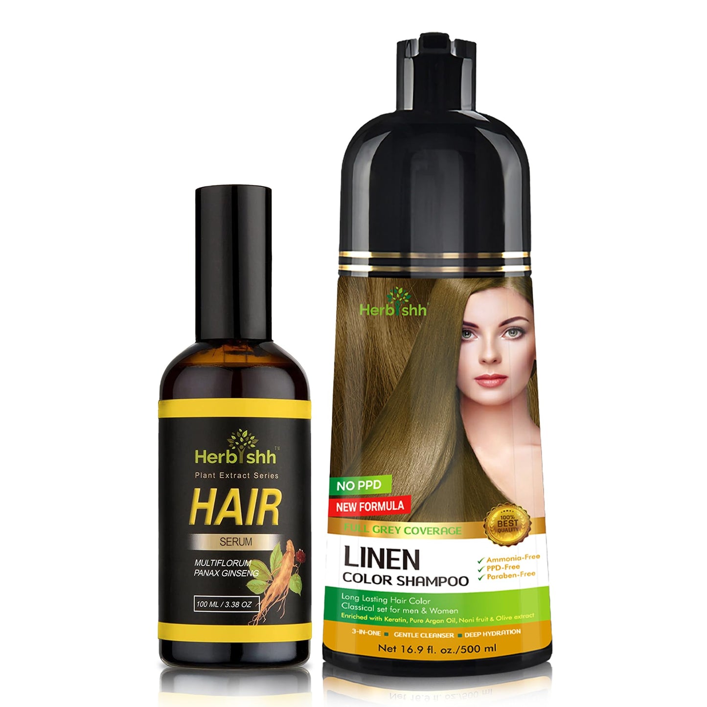 Herbishh Hair Color Shampoo for Gray 500 ML Linen + Vitalizer Serum, Hair Strengthener, Thinning, Promotes Thicker, Stronger Hair