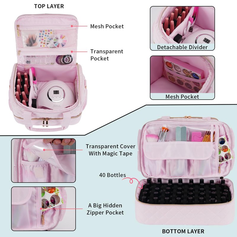 VOFIpremiAm Nail Polish Organizer Case Fits 1 Nail Lamp and 50 Bottles,Waterproof Nail Organizers and Storage with Side Pockets for Nail Polish Remover,Manicure Tools (Patented,Bag Only)-Pale Pink