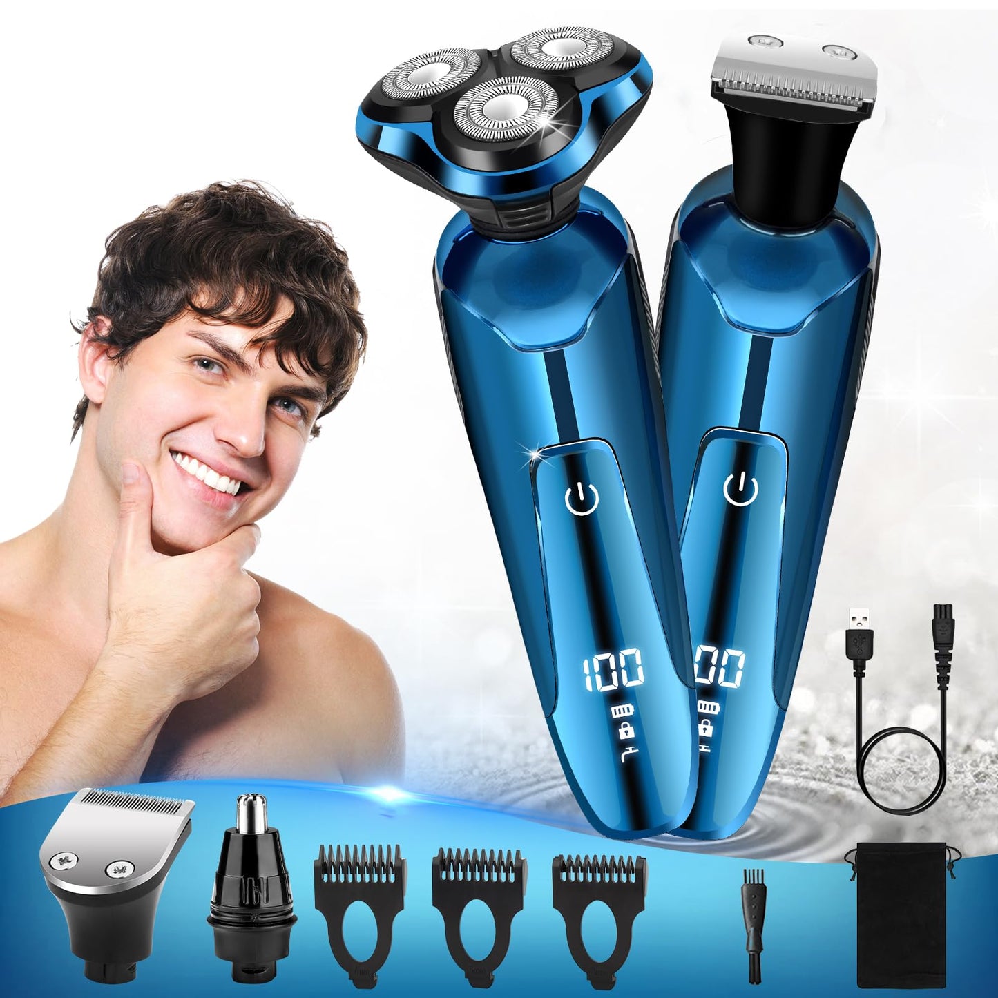 Electric Razor for Men, Cordless 3D Rotary Head Shavers for Men Face, Wet/Dry Waterproof, LED Display, Ideal Gift for Husband/Dad/Boyfriend (Blue)
