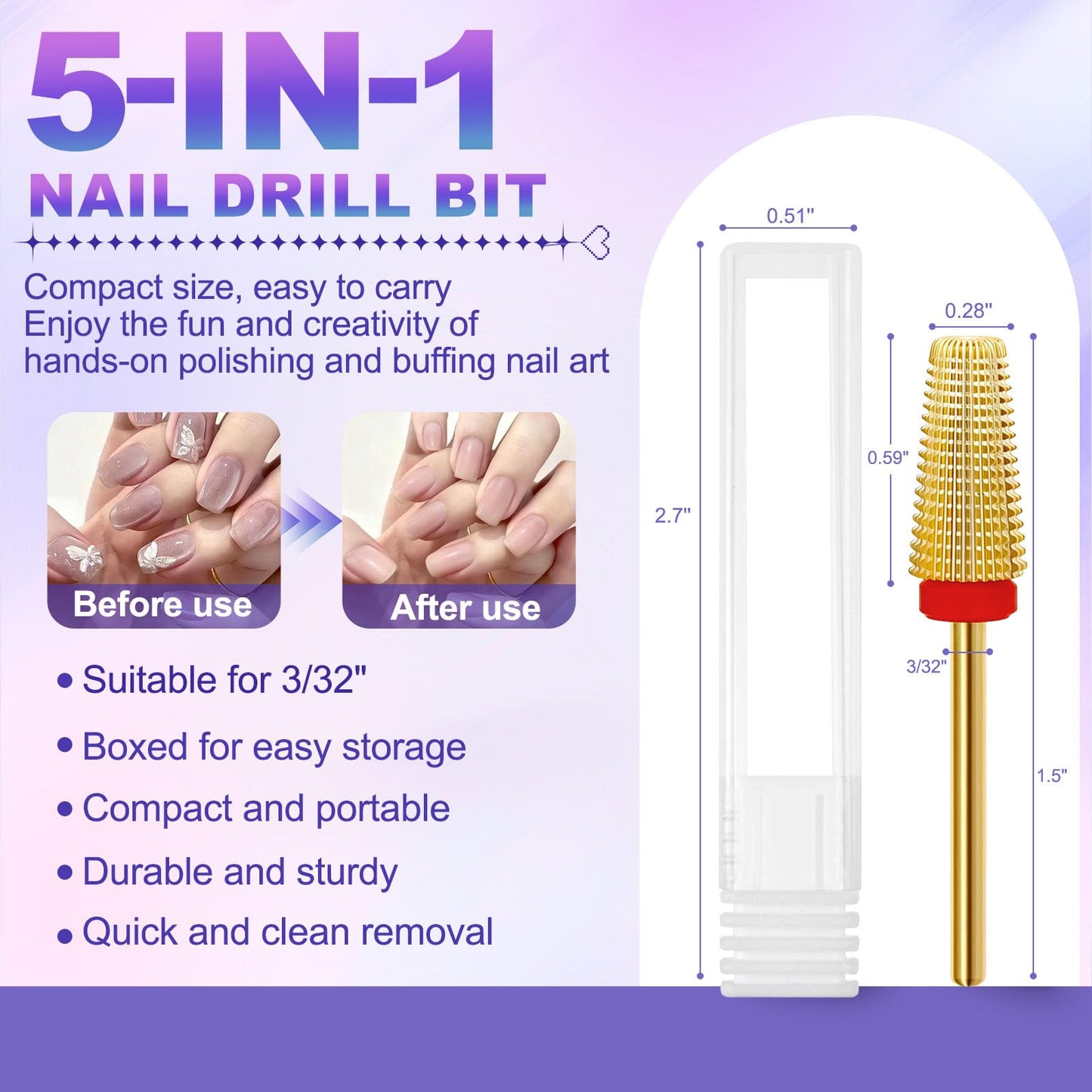 FANTEXY 5-in-1 Tungsten Carbide Nail Drill Bit, 3/32", Fine-F