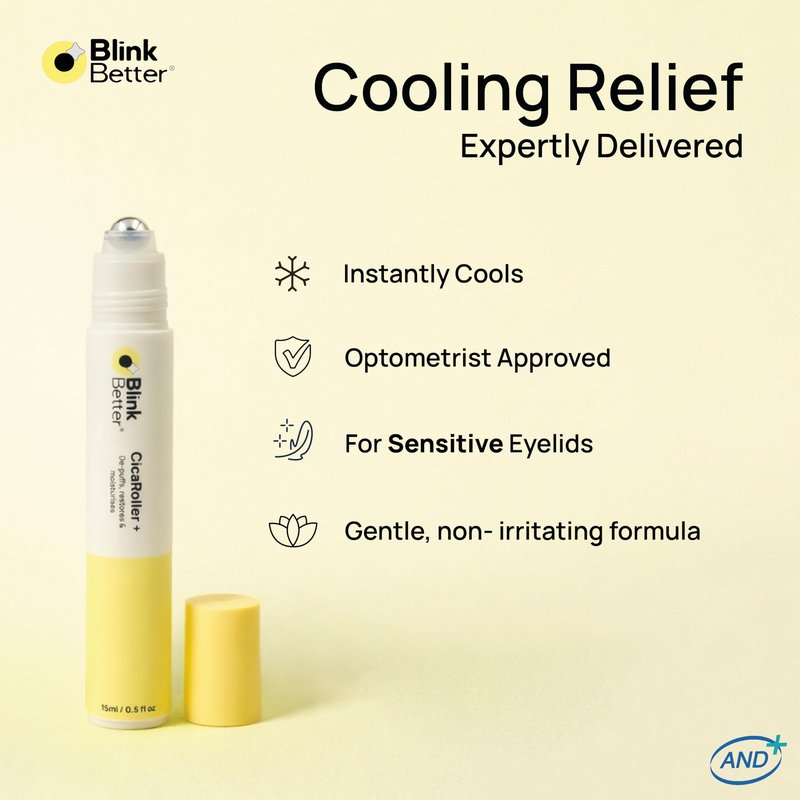 BlinkBetter CicaRoller+ Cooling Eye Roller Serum for Eyelids and Under Eyes – Refreshes, Revitalizes, Smooths & Hydrates Tired Eyes with 2.5% Caffeine, Peptides, Cica & Panthenol, 15 ml