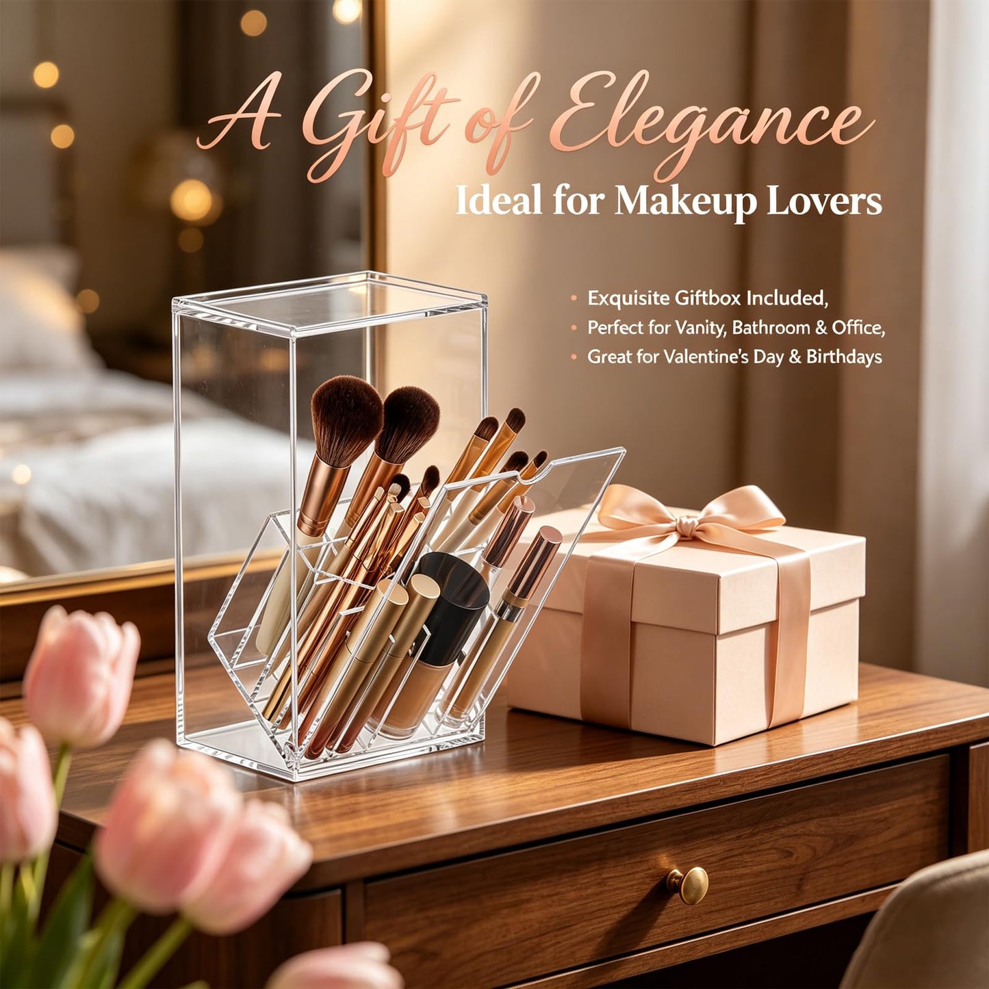 VORA Makeup Brush Holder, Clear Make Up Brush Holder Organizer with 17 Slots, Tilt Open Large Makeup Brush Holde with Lid, Acrylic Makeup Organizer for Vanity Decor Office Home