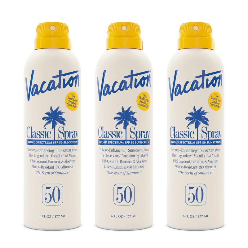 Vacation Classic Sunscreen Spray SPF 50, Water-Resistant, Lightweight, Transparent on All Skin Tones, Dermatologist-Tested, Vegan, 6 Fl. Oz. (Value Pack of 3)