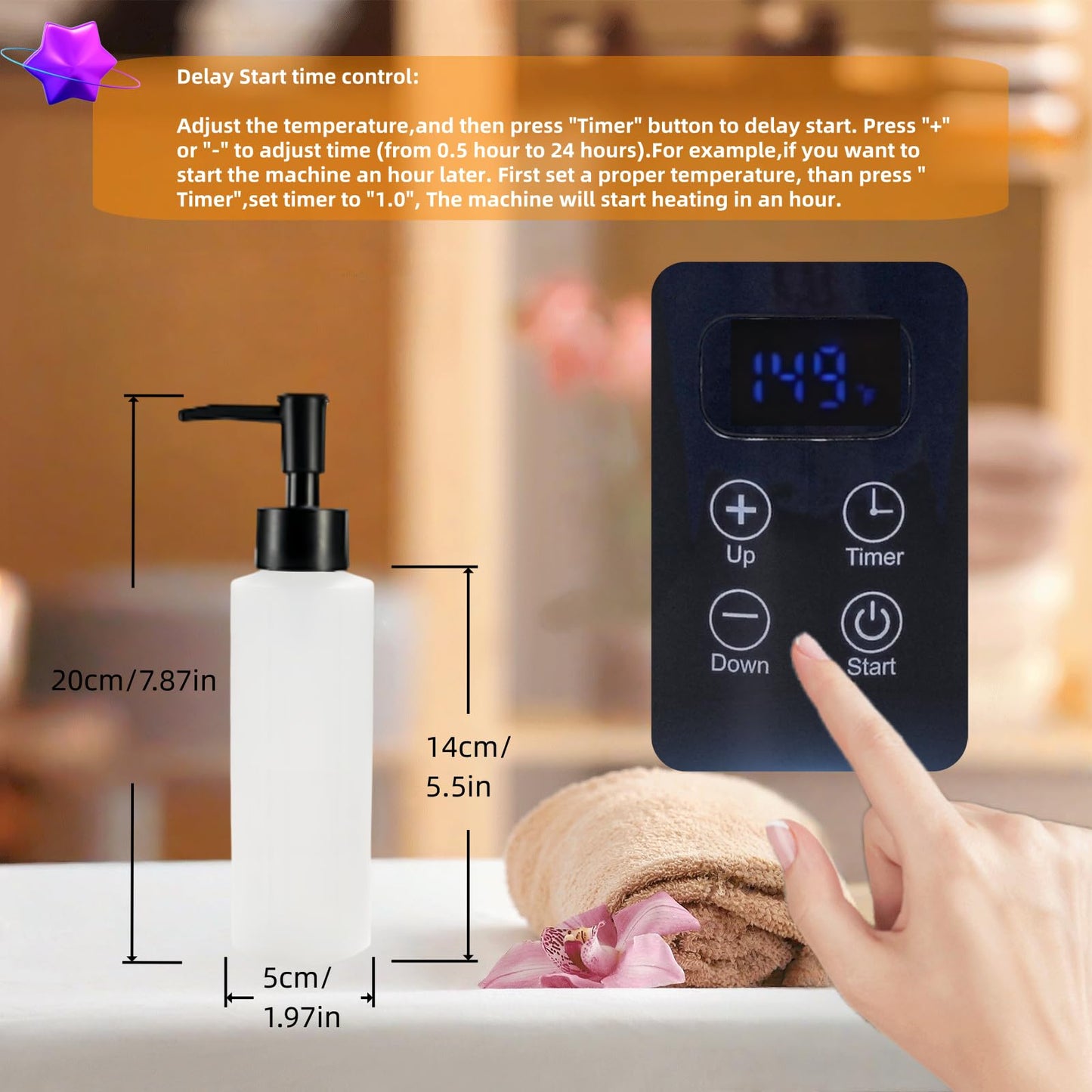 Massage Oil Warmer heater,oil warmer for massage,lotion Warmer for Spa,Salon and Barber Shops,with 2 Oil Bottle Dispenser,1 White funnel,Atmosphere lights,Temperature control,Time delay start,Black