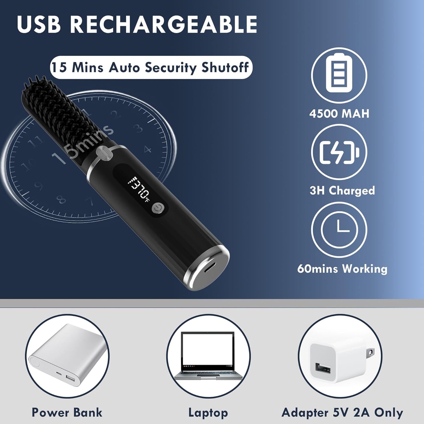 Beard Straightener for Men - Cordless Heated Comb with LCD Display | Anti-Scald, Portable for Travel